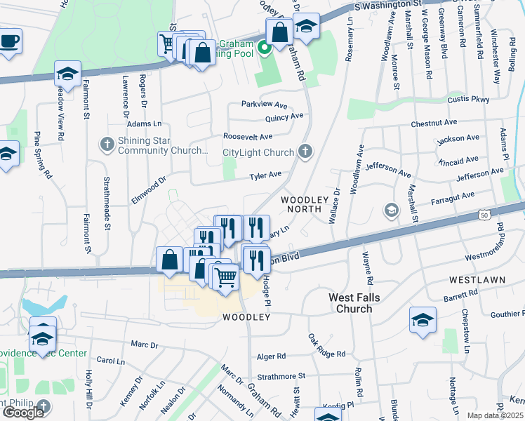 map of restaurants, bars, coffee shops, grocery stores, and more near 3015 Graham Road in Falls Church