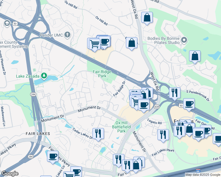 map of restaurants, bars, coffee shops, grocery stores, and more near 4020 Gregg Court in Fairfax