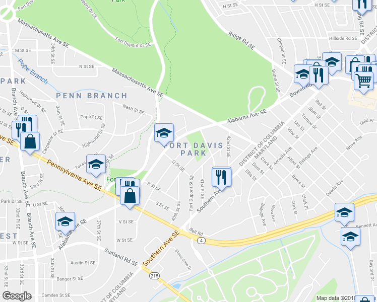 map of restaurants, bars, coffee shops, grocery stores, and more near 1512 Fort Davis Street Southeast in Washington