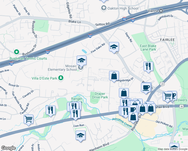map of restaurants, bars, coffee shops, grocery stores, and more near 9810 Kingsbridge Drive in Fairfax