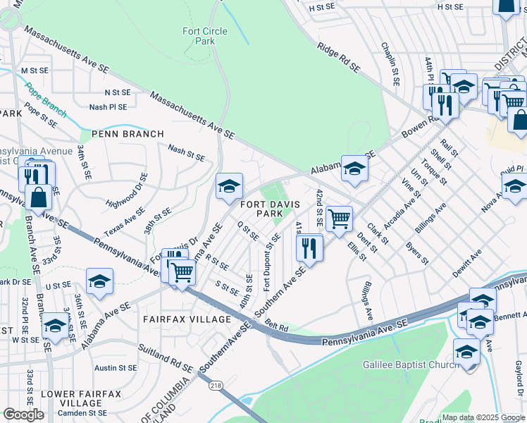 map of restaurants, bars, coffee shops, grocery stores, and more near 1512 Fort Davis Street Southeast in Washington