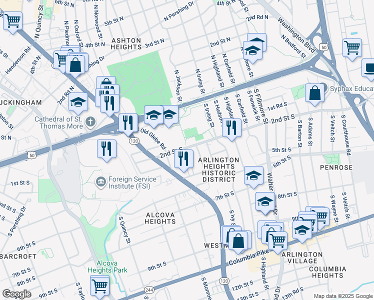 map of restaurants, bars, coffee shops, grocery stores, and more near 3370 2nd Street South in Arlington
