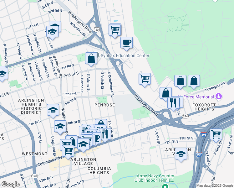 map of restaurants, bars, coffee shops, grocery stores, and more near 2030 6th Street South in Arlington
