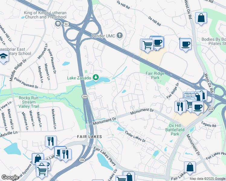 map of restaurants, bars, coffee shops, grocery stores, and more near Brickell Drive in Fairfax