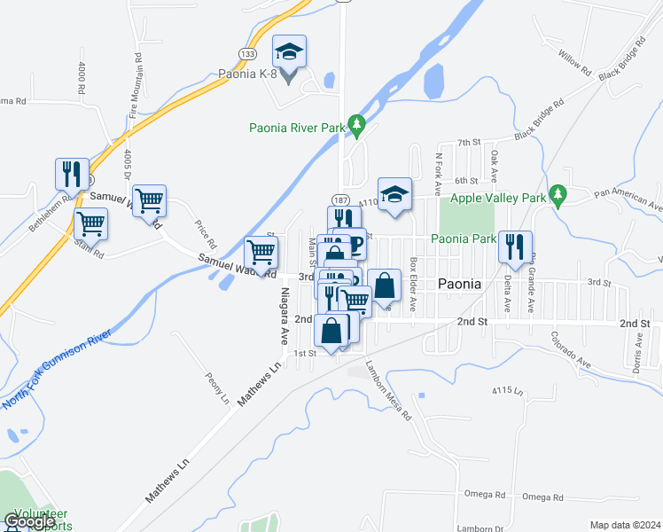 map of restaurants, bars, coffee shops, grocery stores, and more near 328 Grand Avenue in Paonia