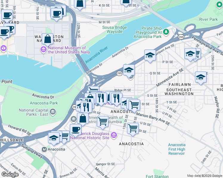 map of restaurants, bars, coffee shops, grocery stores, and more near 101 Independence Avenue Southeast in Washington