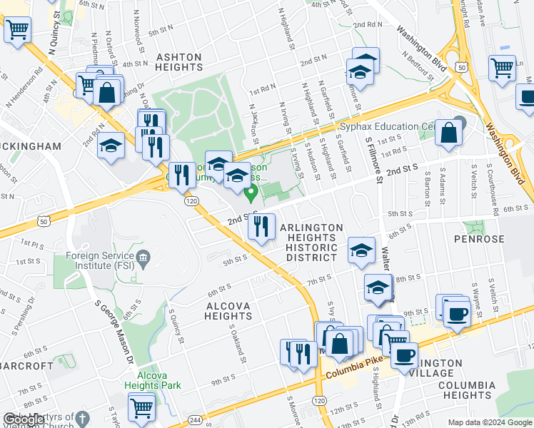 map of restaurants, bars, coffee shops, grocery stores, and more near 3364 2nd Street South in Arlington