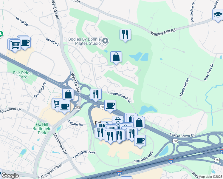 map of restaurants, bars, coffee shops, grocery stores, and more near 11922 Matthews Court in Fairfax