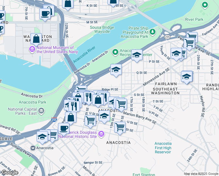 map of restaurants, bars, coffee shops, grocery stores, and more near 1432 Ridge Place Southeast in Washington