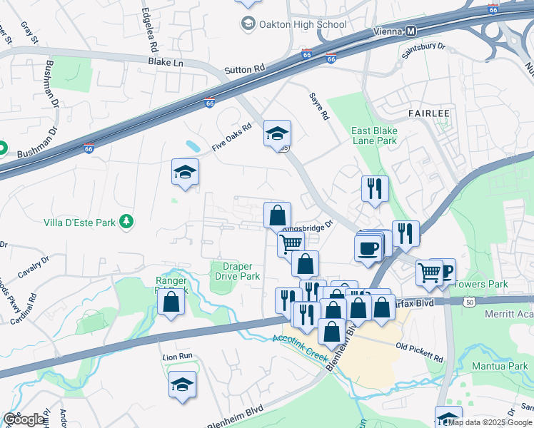 map of restaurants, bars, coffee shops, grocery stores, and more near 9712 Kingsbridge Drive in Fairfax