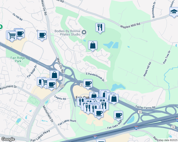 map of restaurants, bars, coffee shops, grocery stores, and more near 11922 Matthews Court in Fairfax