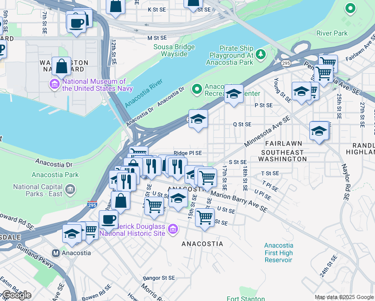 map of restaurants, bars, coffee shops, grocery stores, and more near 1432 Ridge Place Southeast in Washington