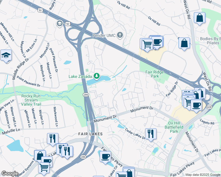 map of restaurants, bars, coffee shops, grocery stores, and more near 4106 Brickell Drive in Fairfax