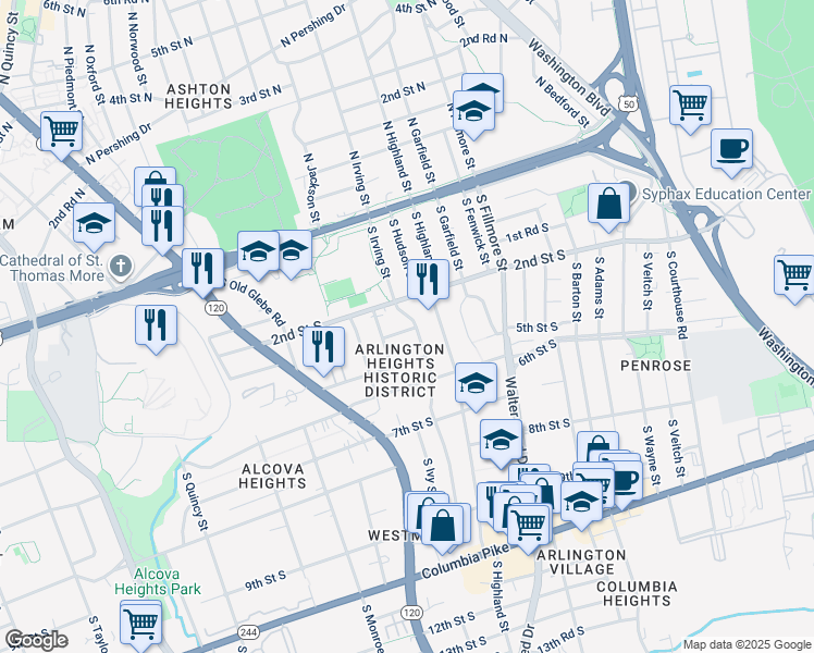 map of restaurants, bars, coffee shops, grocery stores, and more near 216 South Irving Street in Arlington