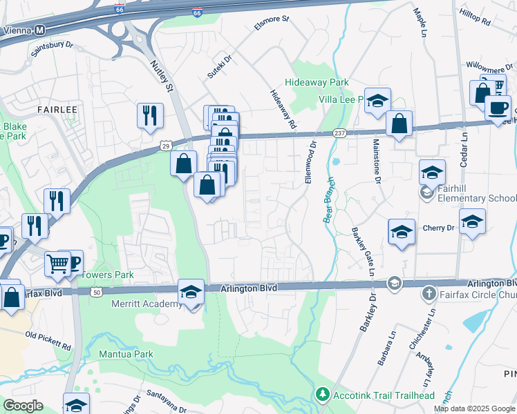 map of restaurants, bars, coffee shops, grocery stores, and more near 9103 Bowler Drive in Fairfax