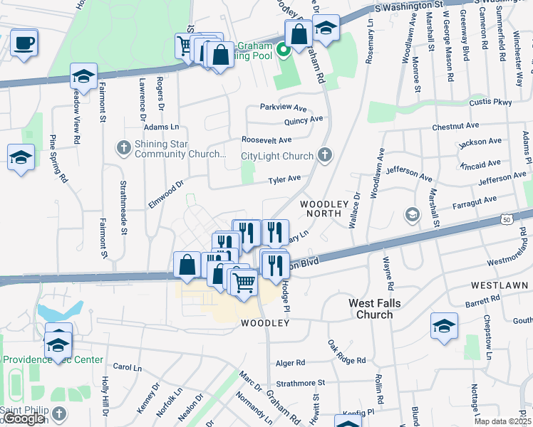 map of restaurants, bars, coffee shops, grocery stores, and more near 3027 Graham Court in Falls Church
