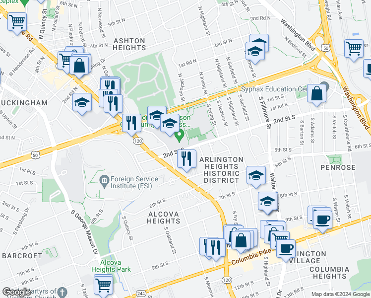 map of restaurants, bars, coffee shops, grocery stores, and more near 3370 2nd Street South in Arlington