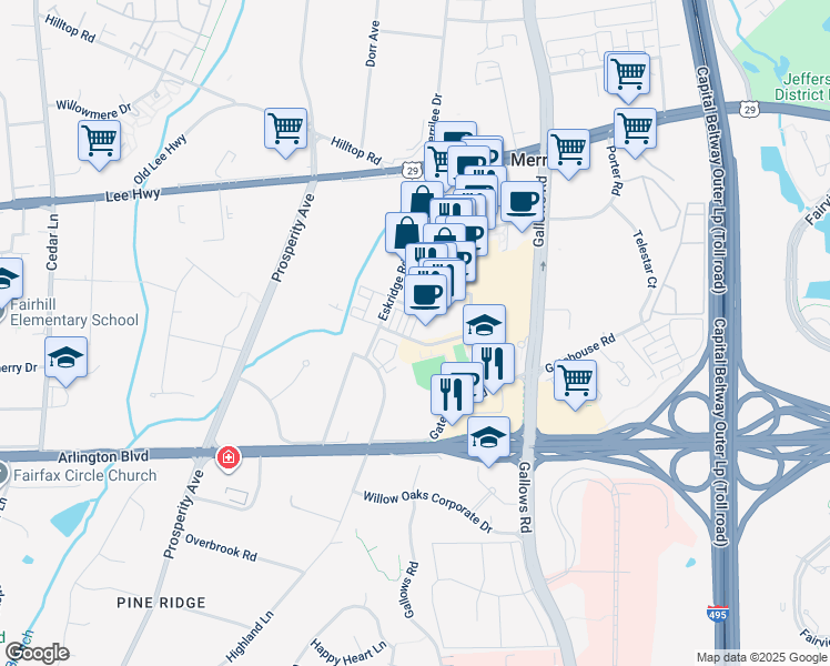 map of restaurants, bars, coffee shops, grocery stores, and more near 2987 District Avenue in Fairfax