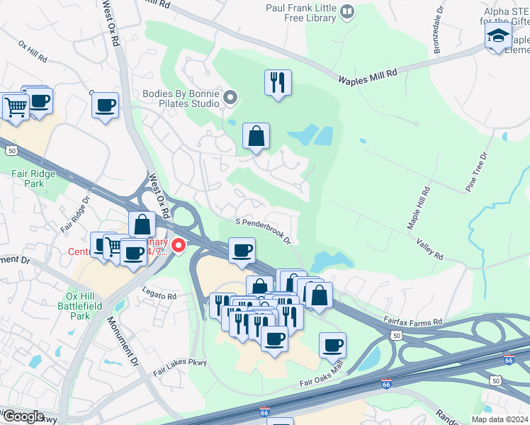 map of restaurants, bars, coffee shops, grocery stores, and more near 3785 Inverness Road in Fairfax
