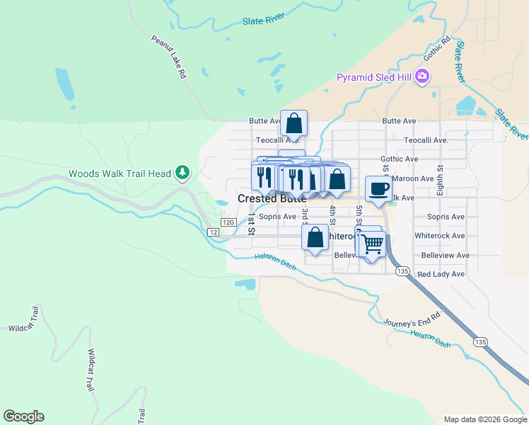 map of restaurants, bars, coffee shops, grocery stores, and more near 414 1st Street in Crested Butte