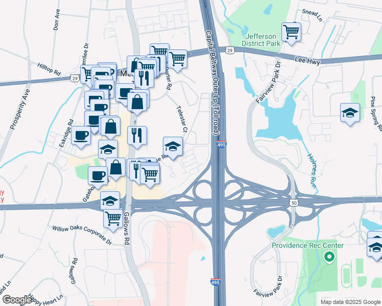 map of restaurants, bars, coffee shops, grocery stores, and more near 8048 Genea Way in Falls Church