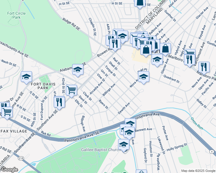 map of restaurants, bars, coffee shops, grocery stores, and more near 4113 Vine Street in Capitol Heights