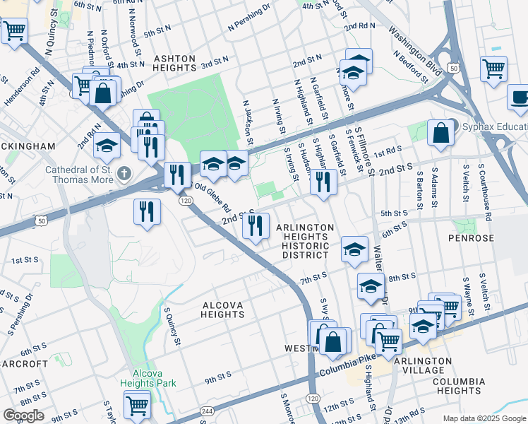 map of restaurants, bars, coffee shops, grocery stores, and more near 3338 2nd Street South in Arlington