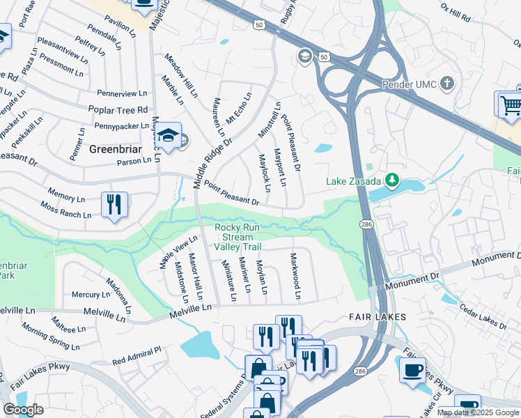 map of restaurants, bars, coffee shops, grocery stores, and more near 12911 Point Pleasant Drive in Fairfax