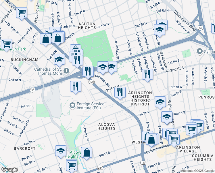map of restaurants, bars, coffee shops, grocery stores, and more near 3600 1st Road South in Arlington