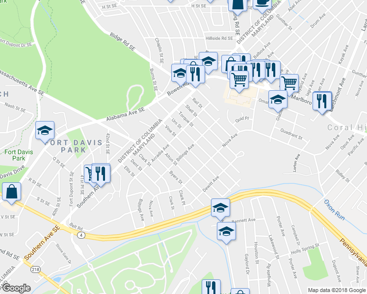 map of restaurants, bars, coffee shops, grocery stores, and more near 4113 Vine Street in Capitol Heights