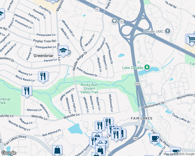 map of restaurants, bars, coffee shops, grocery stores, and more near 12911 Point Pleasant Drive in Fairfax