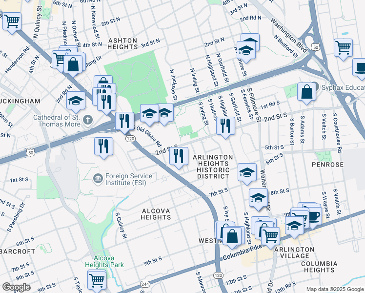 map of restaurants, bars, coffee shops, grocery stores, and more near 3338 2nd Street South in Arlington