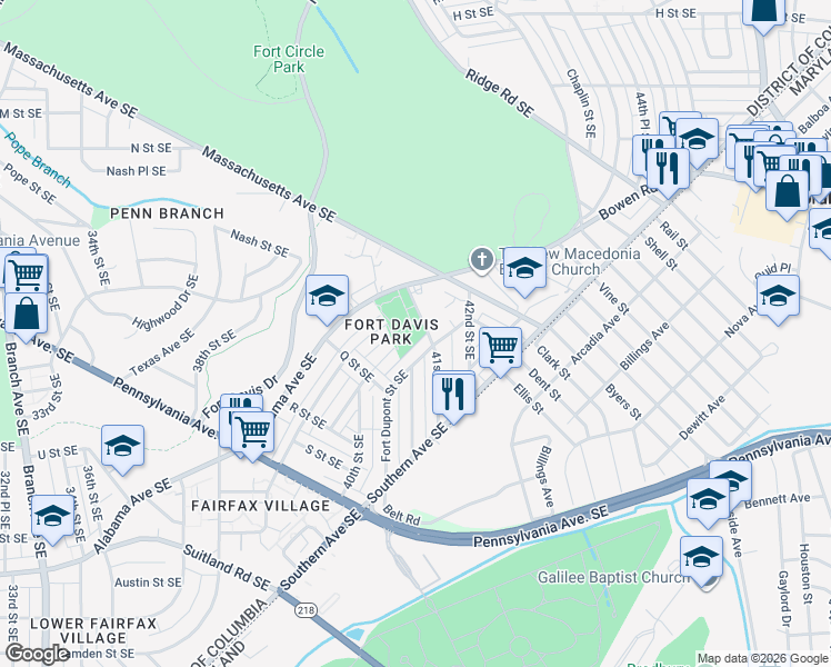 map of restaurants, bars, coffee shops, grocery stores, and more near 1400 41st Street Southeast in Washington