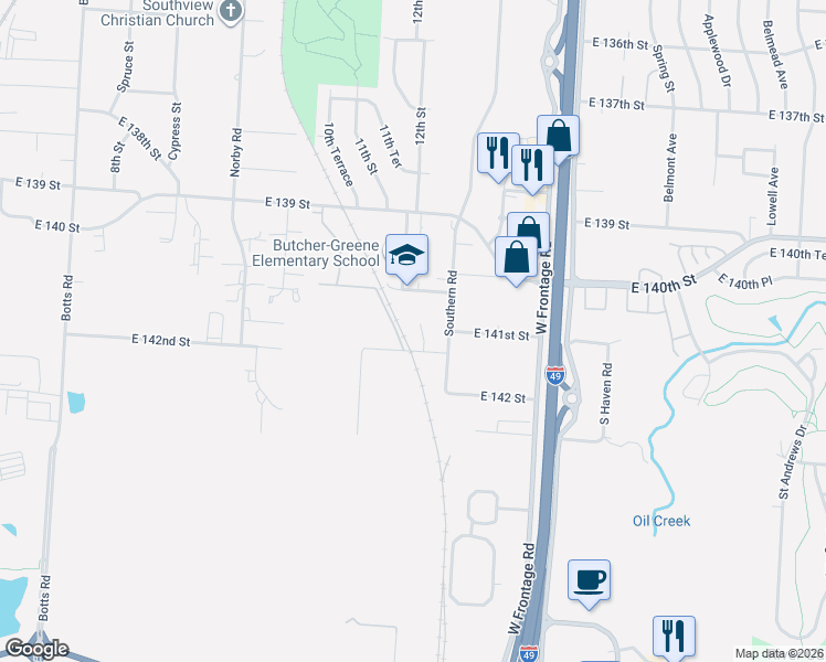 map of restaurants, bars, coffee shops, grocery stores, and more near 14043 Drury Court in Grandview