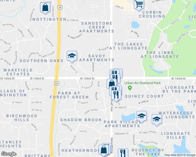 map of restaurants, bars, coffee shops, grocery stores, and more near 7519 West 143rd Street in Overland Park