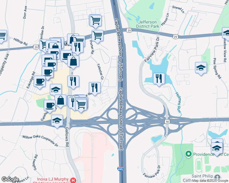map of restaurants, bars, coffee shops, grocery stores, and more near 3015 Nicosh Circle in Falls Church