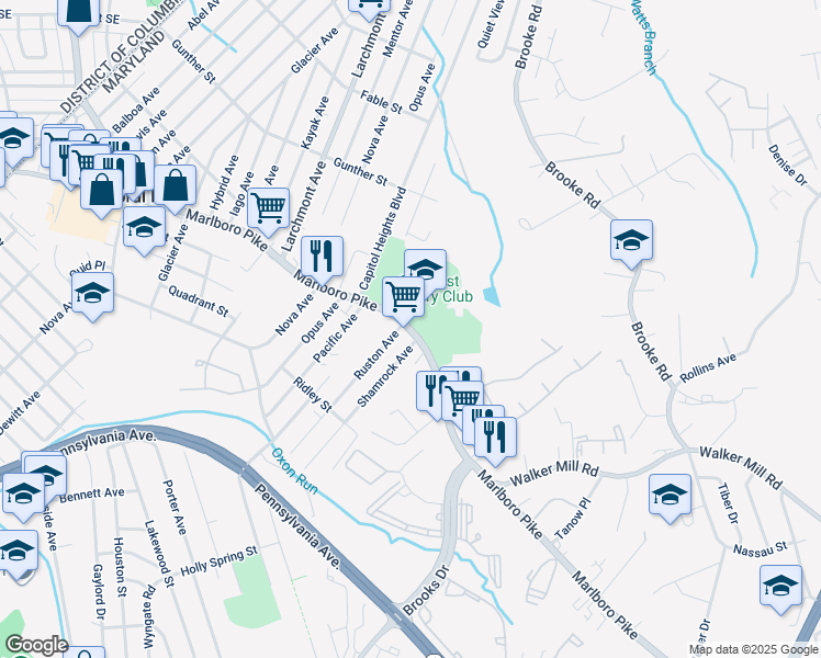 map of restaurants, bars, coffee shops, grocery stores, and more near 5210 Marlboro Pike in Capitol Heights