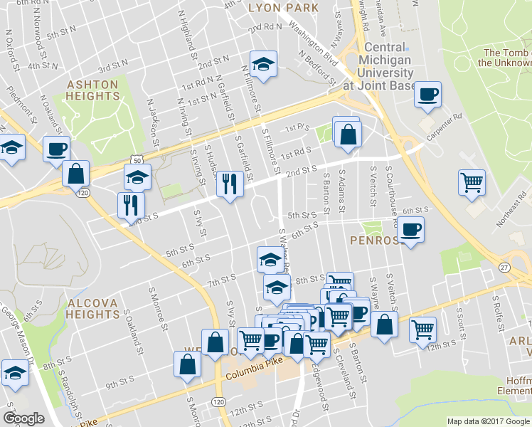 map of restaurants, bars, coffee shops, grocery stores, and more near 404 South Fenwick Street in Arlington