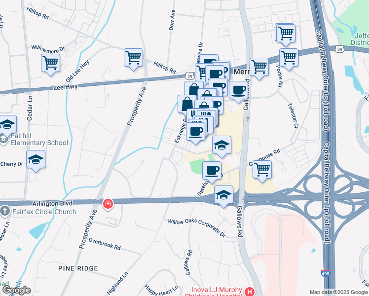 map of restaurants, bars, coffee shops, grocery stores, and more near 2991 Stella Blue Lane in Fairfax