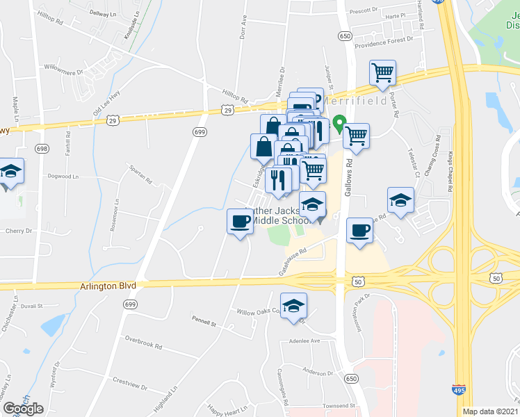 map of restaurants, bars, coffee shops, grocery stores, and more near 2991 Stella Blue Lane in Fairfax