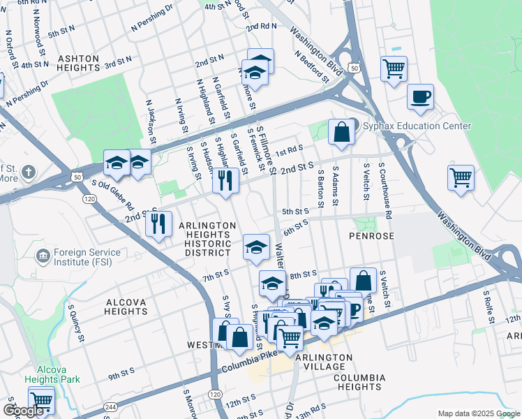 map of restaurants, bars, coffee shops, grocery stores, and more near 404 South Fenwick Street in Arlington