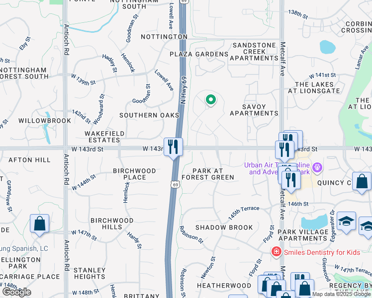 map of restaurants, bars, coffee shops, grocery stores, and more near 14300 Robinson Street in Overland Park