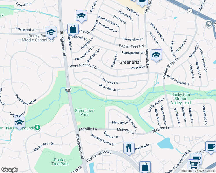 map of restaurants, bars, coffee shops, grocery stores, and more near 13134 Moss Ranch Lane in Fairfax
