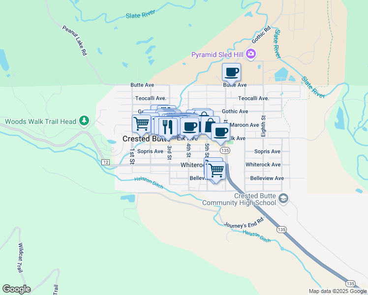 map of restaurants, bars, coffee shops, grocery stores, and more near 401-445 4th Street in Crested Butte