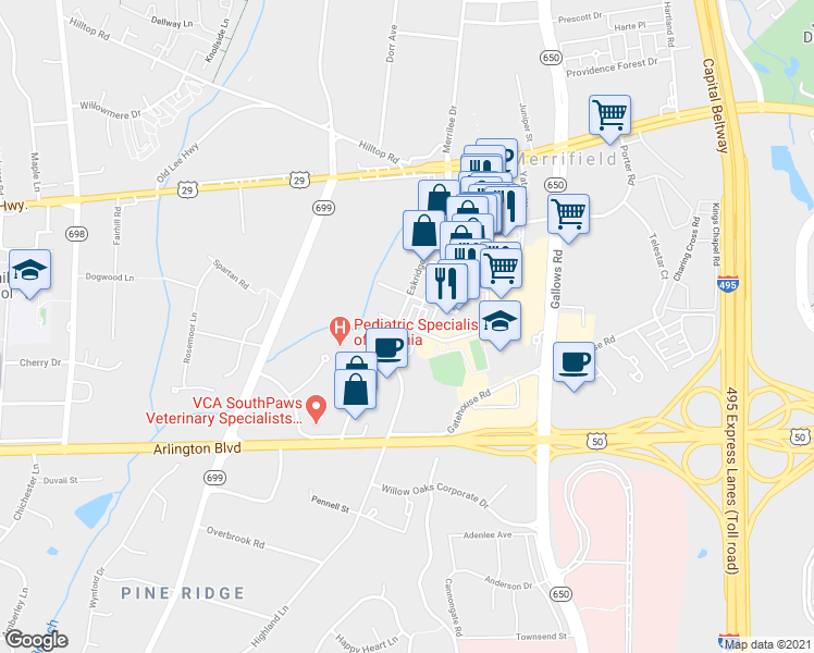map of restaurants, bars, coffee shops, grocery stores, and more near 3001 Merrifield Cinema Drive in Fairfax
