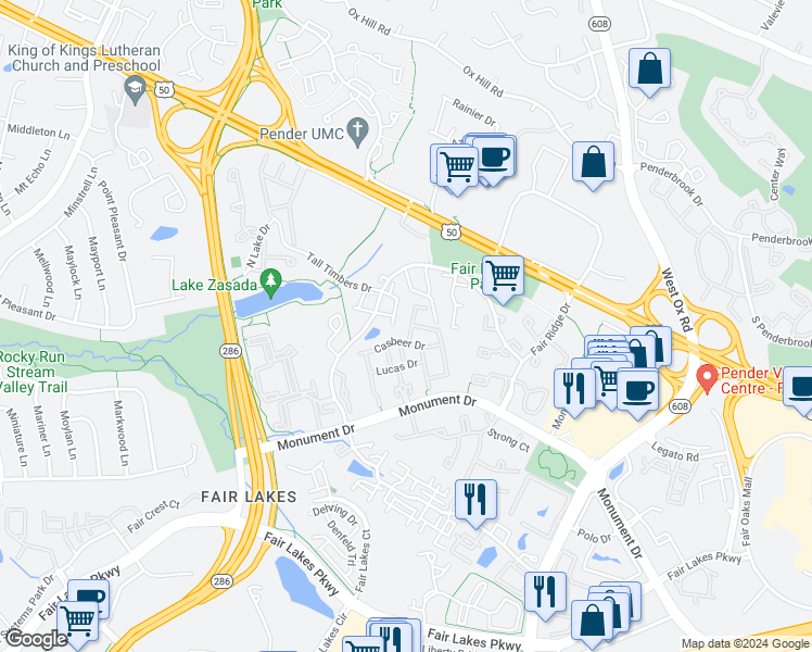 map of restaurants, bars, coffee shops, grocery stores, and more near 4130 Leclair Court in Fairfax