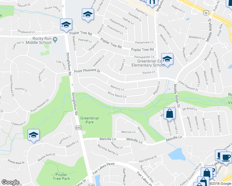 map of restaurants, bars, coffee shops, grocery stores, and more near 13134 Moss Ranch Lane in Fairfax