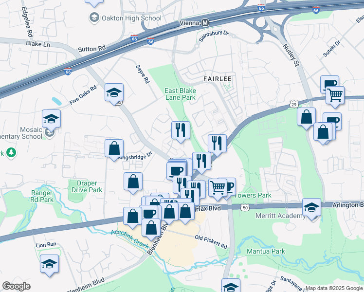 map of restaurants, bars, coffee shops, grocery stores, and more near 3048 Mission Square Drive in Fairfax