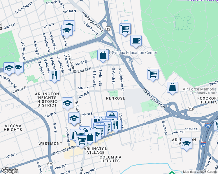 map of restaurants, bars, coffee shops, grocery stores, and more near 515 South Wayne Street in Arlington