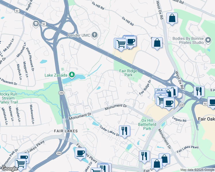 map of restaurants, bars, coffee shops, grocery stores, and more near 4130 Leclair Court in Fairfax